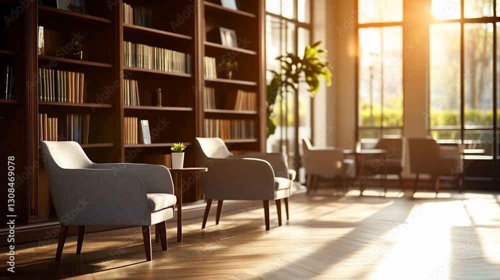 Sunlit Library Lounge with Bookshelves and Chairs Sunlit Library Lounge with Bookshelves and Chairs