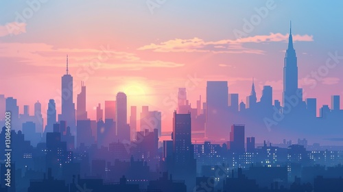 Pastel Sunset City Skyline
