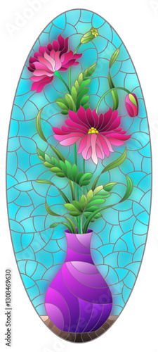 Illustration in the style of a stained glass window with a floral still life, a vase with pink  flowers  on a blue background, oval image