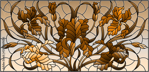 Illustration in stained glass style with bouquet of irises, flowers, buds and leaves on sky background, tone brown