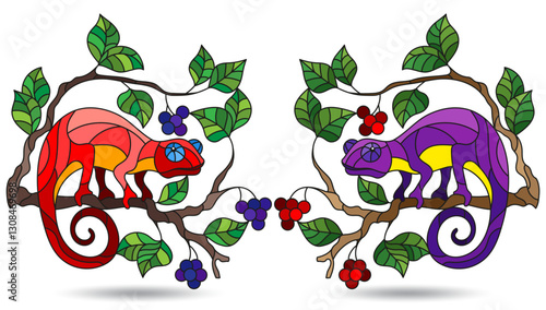 An illustration in the style of a stained glass window with bright chameleons, bright animals isolated on a white background