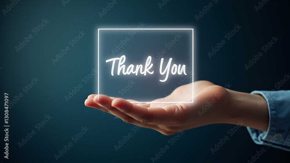 Hand Holding Holographic Thank You Banner for Customer Gratitude Hand Holding Holographic Thank You Banner for Customer Gratitude