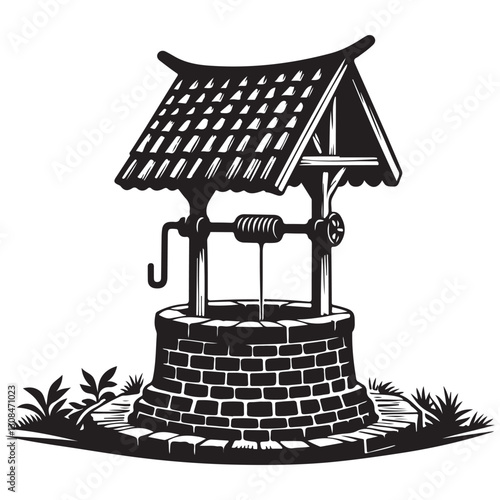 Classic Water Well Silhouette with Pulley and Bucket Illustration