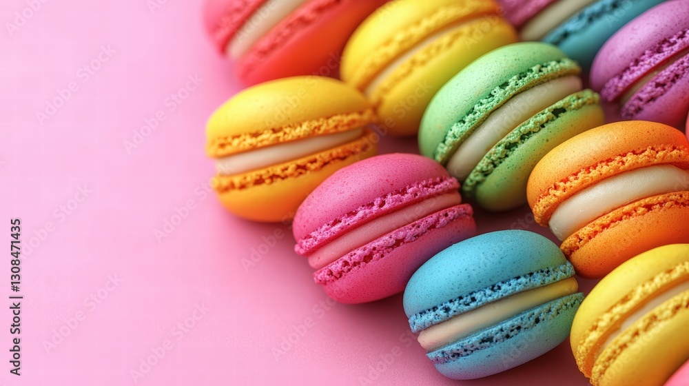 Fototapeta premium Assortment of colorful macarons displayed artfully on a surface showcasing their delicious variety