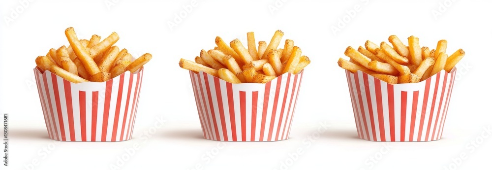 Obraz premium Three helpings of golden, crispy french fries in red paper containers with distinct striped patterns, set against a white backdrop