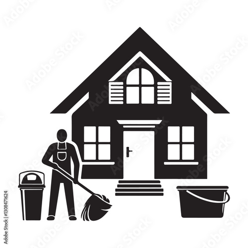 Silhouette Illustration of Cleaning Service with House Ready to Clean