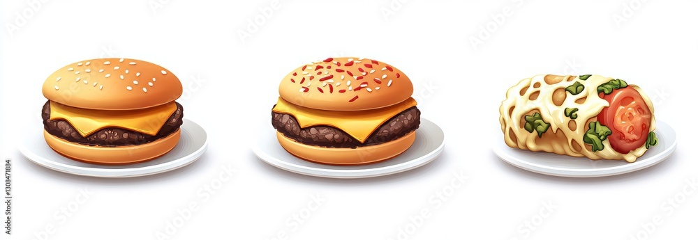 Illustrated are three fast food choices: a burger showcasing its layers, a sliced pizza, and a wrapped burrito Illustrated are three fast food choices: a burger showcasing its layers, a sliced pizza, and a wrapped burrito