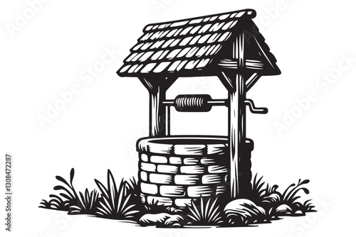 Water well illustration vector art rural scene countryside drawing
