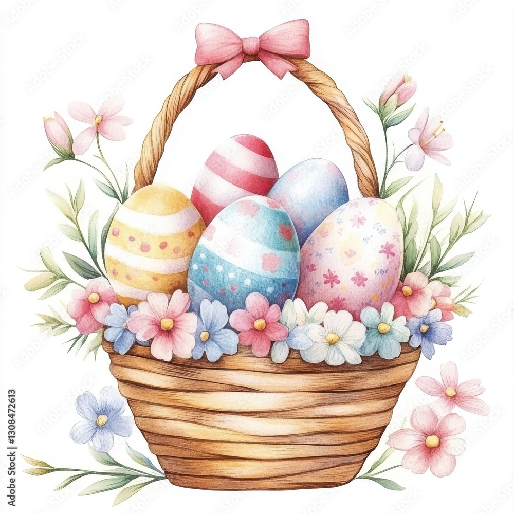 Fototapeta premium Floral Adorned Easter Eggs Arrangement in a Basket with a Pink Ribbon for a Spring Celebration