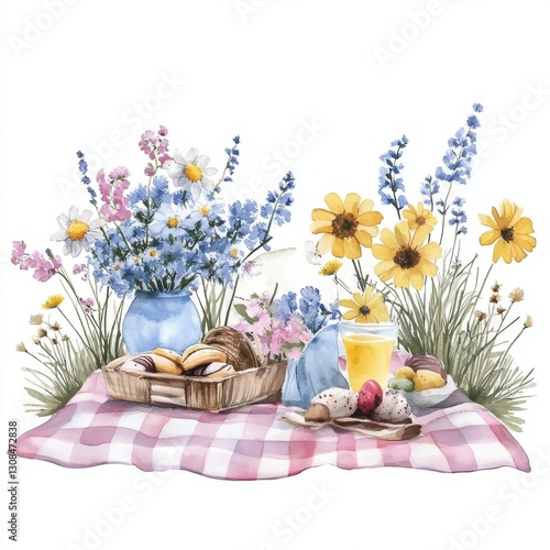 Floral Delights Picnic Still Life with Pastries and Drinks Illustration Watercolor Painting Style