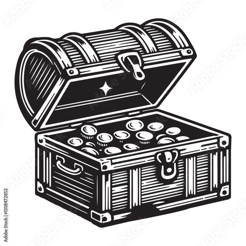 Pirate Treasure Chest Filled with Gold Coins Vector Illustration