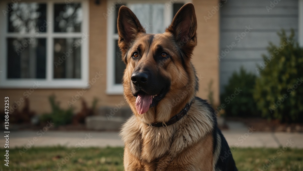 A regal-looking German Shepherd, standing guard in front of a house with a watchful gaze. A regal-looking German Shepherd, standing guard in front of a house with a watchful gaze.
