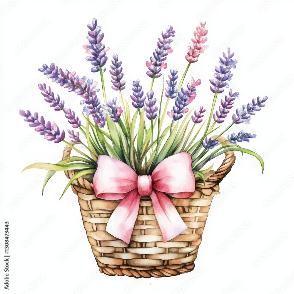 Obraz premium Lavender Arrangement in Wicker Basket Adorned with Pink Bow Artistic Floral Display Peaceful Scene