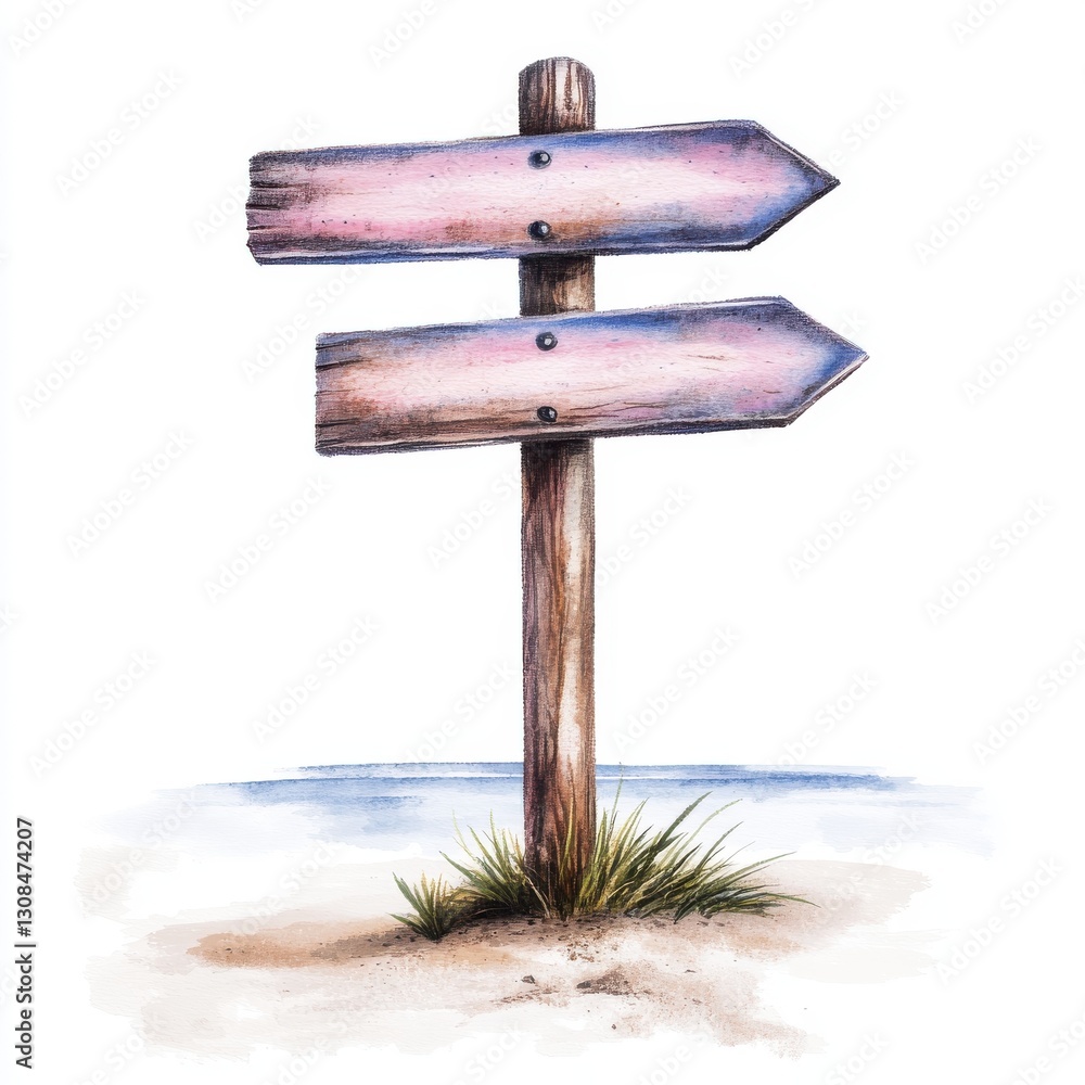 Naklejka premium Rustic Wooden Arrow Signpost on a Sandy Beach with Grass Indicating Direction Choices Ahead Art Piece
