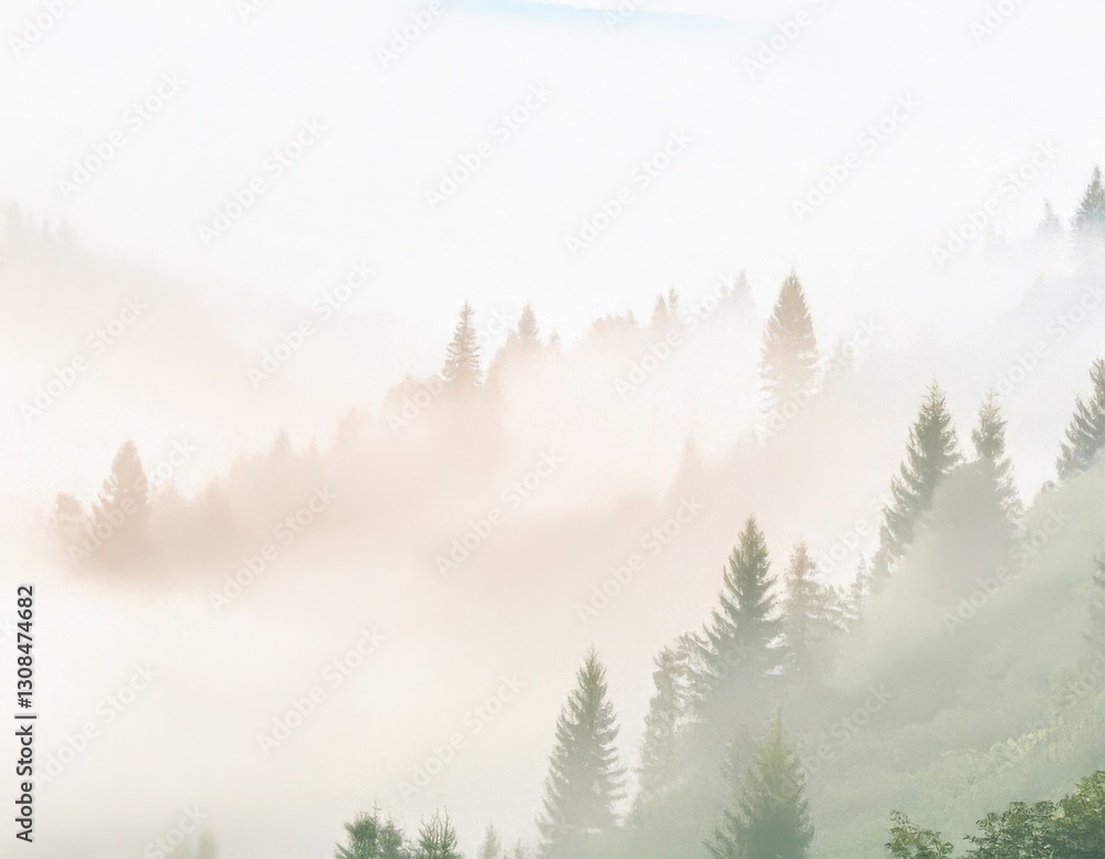 Fototapeta premium peaceful mountain landscape with mist rolling over pine trees, in a soft, muted color palette perfect for backgrounds