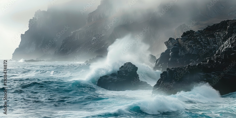 Obraz premium Powerful Waves Crashing Against Dramatic Coastline