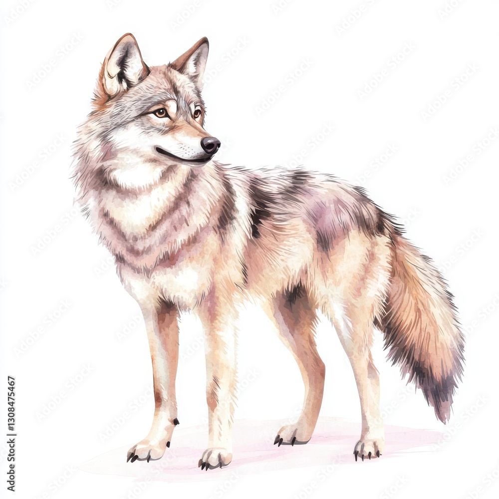 Watercolor Illustration of a Standing Wolf with Detailed Fur Texture and Natural Posture on White