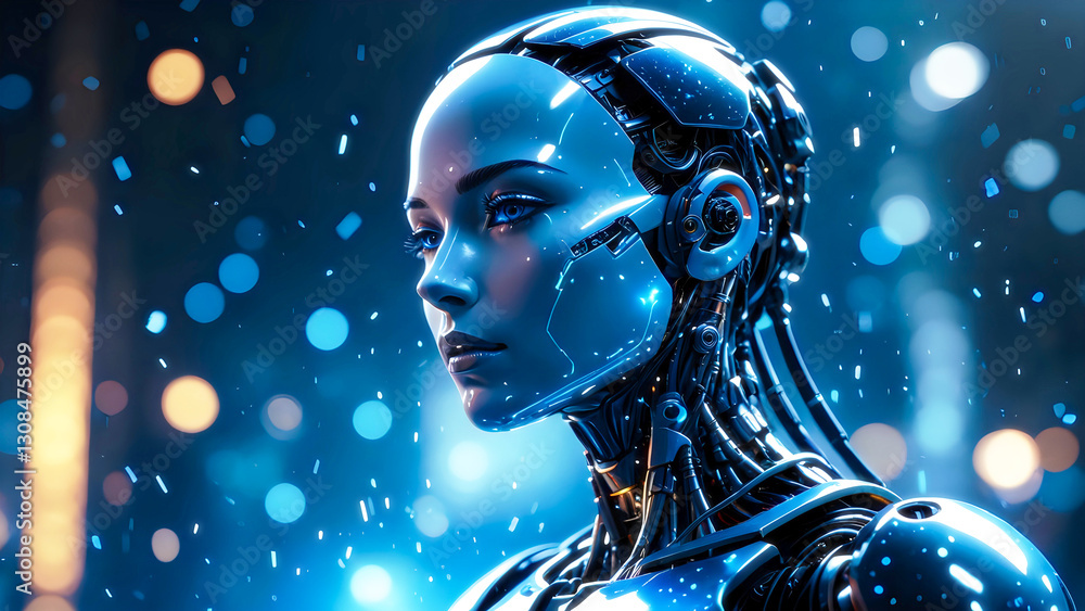 Profile close up of beautiful robot with female face. Dark abstract background with floating blue particles. Profile close up of beautiful robot with female face. Dark abstract background with floating blue particles.