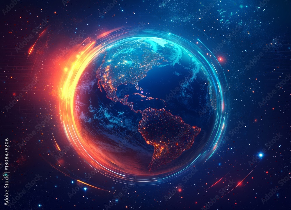 Obraz premium A double exposure image shows a glowing globe with vibrant light trails, creating a dynamic, futuristic effect against a dark brick wall, suggesting energy and motion
