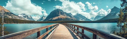 Wallpaper Mural Wooden boardwalk extending over tranquil lake, majestic mountains under a partly cloudy sky. Torontodigital.ca