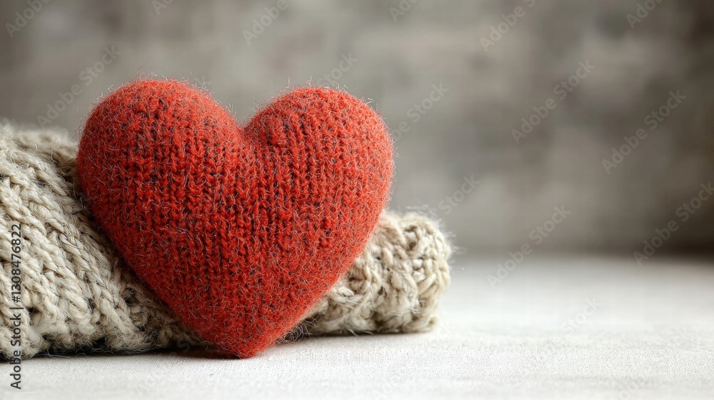 Fototapeta premium Hand-knitted heart craft displayed on soft fabric representing love and warmth in a cozy environment