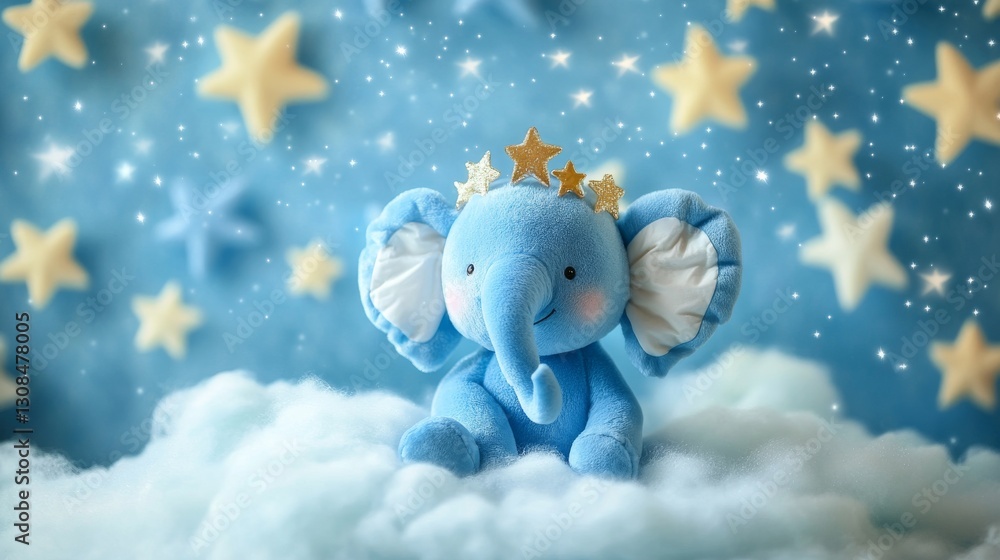 Obraz premium A soft blue plush elephant adorned with a golden star crown, sitting on fluffy white clouds against a dreamy sky filled with glowing stars. Perfect for children. AI Generation