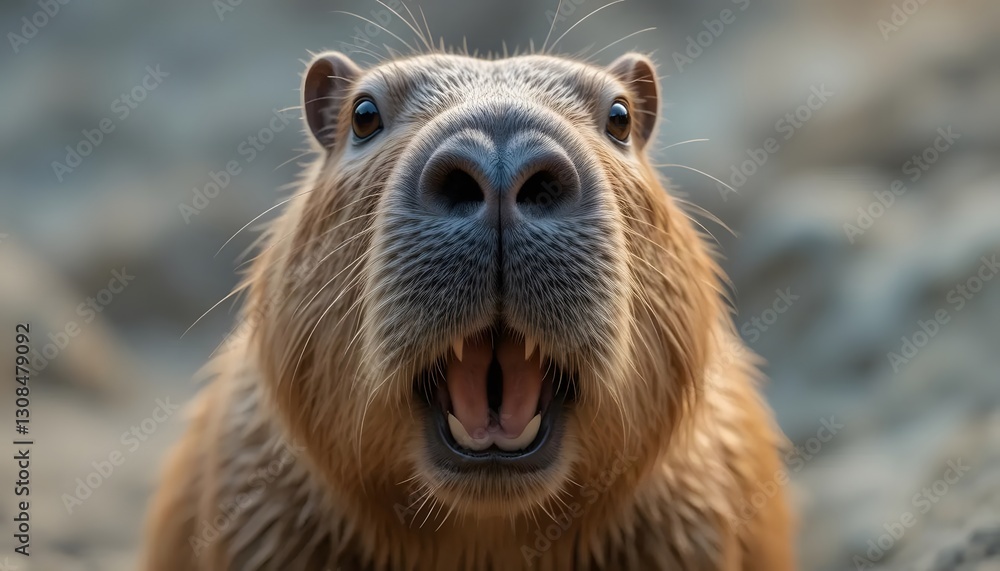 Fototapeta premium Close-up Capybara Showing Teeth with Open Mouth, Cute Animal