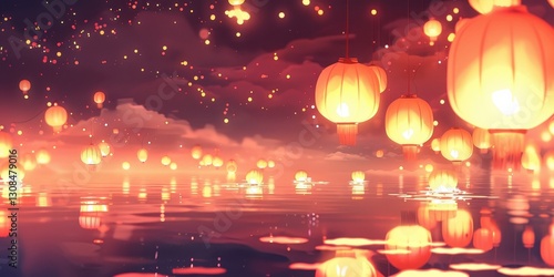 Obraz na płótnie Floating Lanterns at Sunset - A Magical Night w salonie
