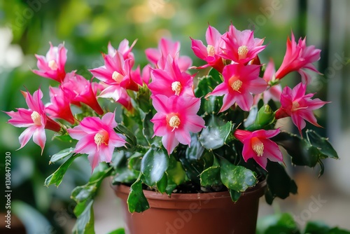 Wallpaper Mural A close-up of a blooming Schlumbergera plant in a flowerpot, with vivid pink or red flowers standing out against the surrounding greenery. Torontodigital.ca