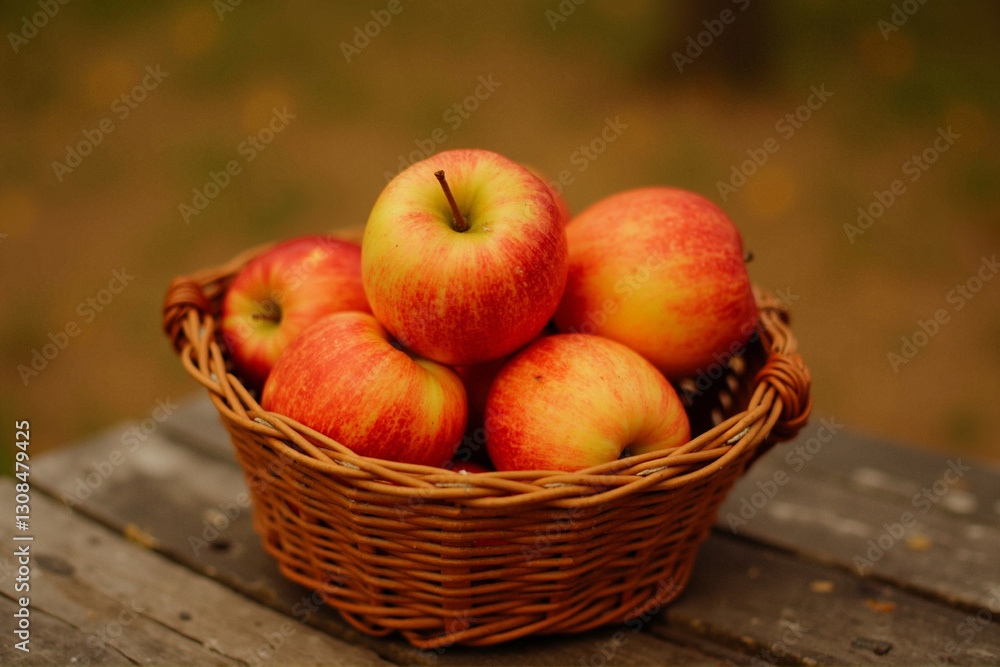 Basket of apples on a wooden table. The basket is made of woven straw and is filled with red apples. The apples are arranged neatly in the basket, with some overlapping each other. Basket of apples on a wooden table. The basket is made of woven straw and is filled with red apples. The apples are arranged neatly in the basket, with some overlapping each other.