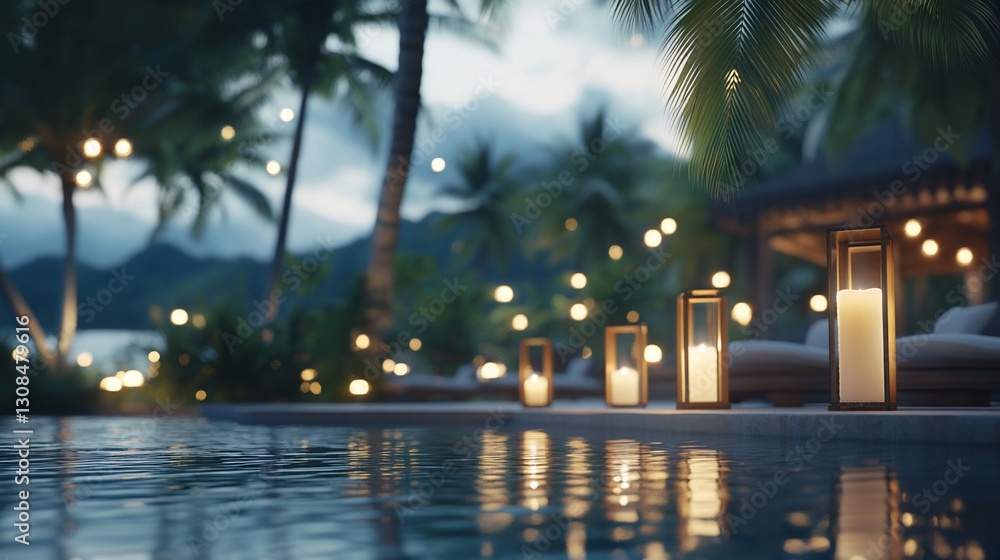 Tranquil Poolside Evening, Tropical Paradise Tranquil Poolside Evening, Tropical Paradise
