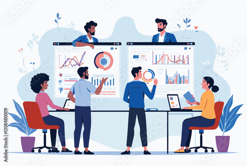 Online Business Analytics Concept. Vector illustration of diverse people in web page windows discussing statistical graphs. Isolated on background