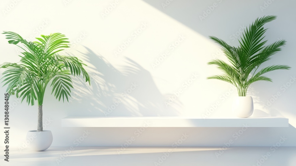 Obraz premium Bright Minimalist Interior with Tropical Plants and White Background