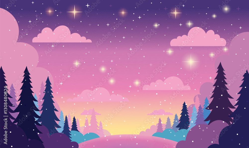 Naklejka premium Pine Trees in Nature Landscape with Beautiful Majestic Sky Panoramic with Twinkling Stars at Night