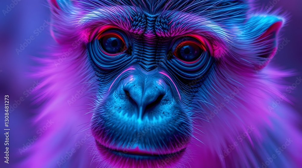 Close-up of a Monkey Face with Neon Pink and Blue Lighting Close-up of a Monkey Face with Neon Pink and Blue Lighting