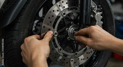 Hands Repairing a Motorcycle Brake Disc Assembly With Precision