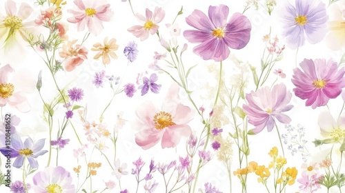 Watercolor Illustration set of Pink cosmos flowers on a white background,spring summer nature,Vibrant pink cosmos blooming,Children's card,banner,raindrops drawn by hand.