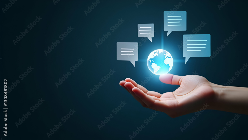 Flat Hand Holding Glowing Sphere with Chat Bubbles: Real-Time Messaging in Digital Communication Flat Hand Holding Glowing Sphere with Chat Bubbles: Real-Time Messaging in Digital Communication