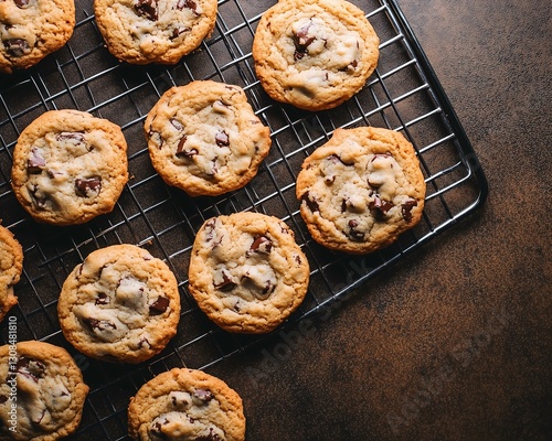 Freshly baked chocolate chip cookies cooling on a wire rack.