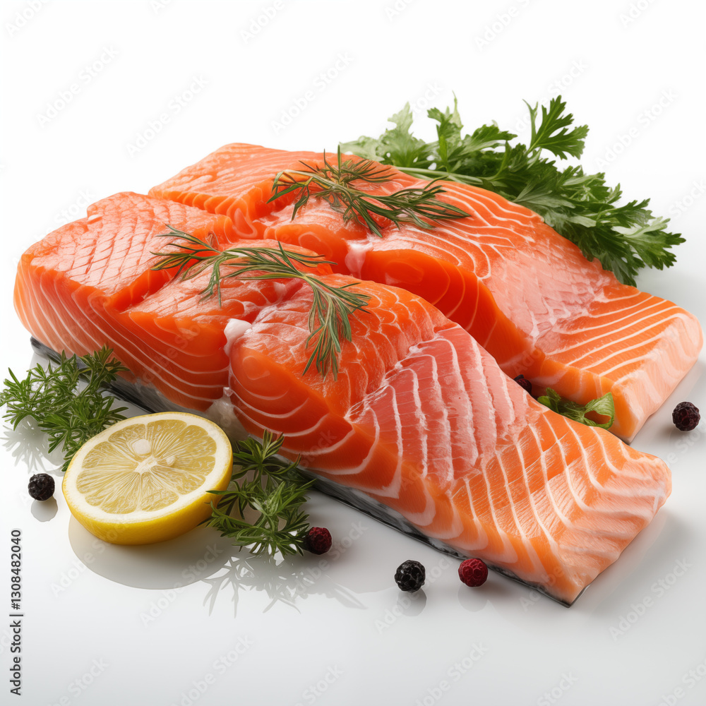 fresh salmon steak with lemon and dill isolated fresh salmon steak with lemon and dill isolated