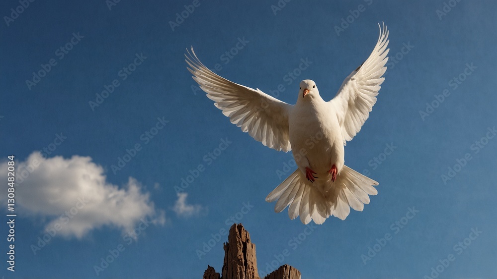 Fototapeta premium A majestic white dove, perched on a wooden perch, spreading its wings under a clear blue sky.