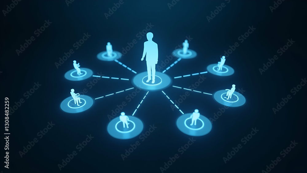 Holographic Team Icons in a Collaborative Circle: Boost Role Play, Task Coordination, and Leadership Synergy Across Departments - Stock Photo Concept with Space for Customization Holographic Team Icons in a Collaborative Circle: Boost Role Play, Task Coordination, and Leadership Synergy Across Departments - Stock Photo Concept with Space for Customization