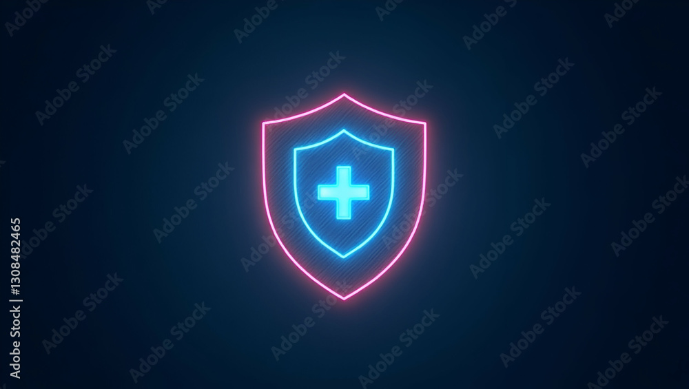Glowing Holographic Shield with Cross: A Modern Symbol of Health Coverage and Medical Security Glowing Holographic Shield with Cross: A Modern Symbol of Health Coverage and Medical Security