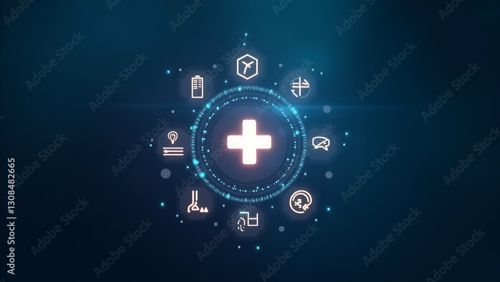 Innovative Healthcare Technology: A Glowing Cross Symbol Surrounded by Digital Health Icons in a Modern Health Interface Concept with Space for Customization Innovative Healthcare Technology: A Glowing Cross Symbol Surrounded by Digital Health Icons in a Modern Health Interface Concept with Space for Customization