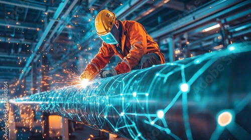 Wallpaper Mural Industrial worker welding a large pipe with digital network overlay. Torontodigital.ca
