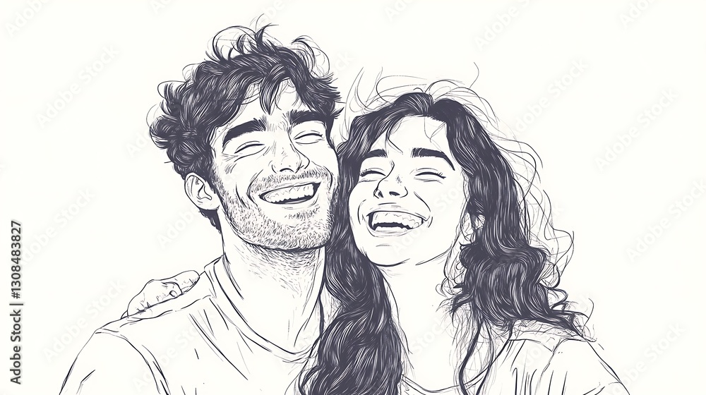 Joyful couple laughing together, close-up sketch. Joyful couple laughing together, close-up sketch.