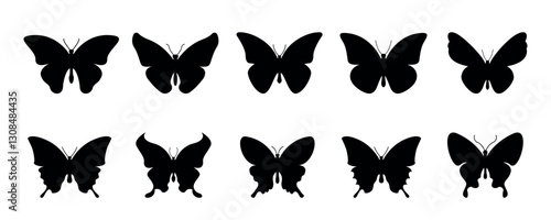 A set of butterfly silhouettes with different styles, isolated on transparent background.