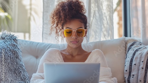 Elegant Young Woman in Amber Goggles Concentrating on Laptop While Relaxing on Cozy White Sofa