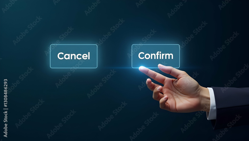 Hand Interacting with Floating Cancel and Confirm Buttons in a Digital Decision Interface - Stock Photo Concept Hand Interacting with Floating Cancel and Confirm Buttons in a Digital Decision Interface - Stock Photo Concept