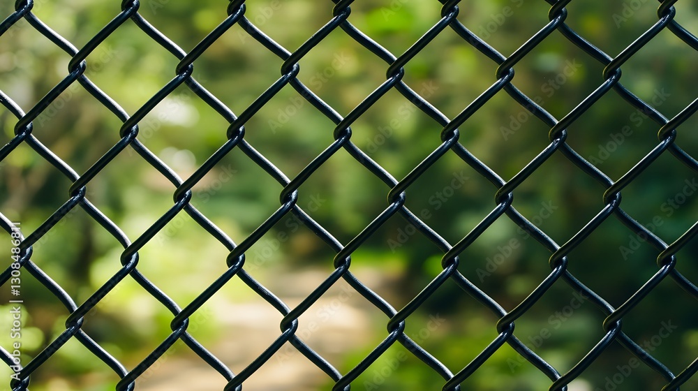 Fototapeta premium Close-Up Photo Chain-Link Fence with Blurred Greenery Background 